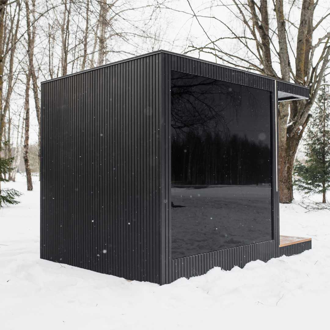 Gartensauna Ebon – 230 × 325 cm mit Duschbereich und schwarzer Glasfront