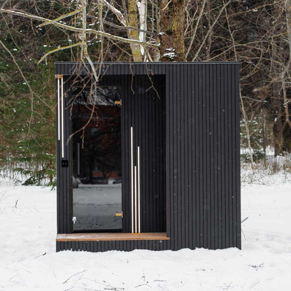 Gartensauna Ebon – 230 × 325 cm mit Duschbereich und schwarzer Glasfront