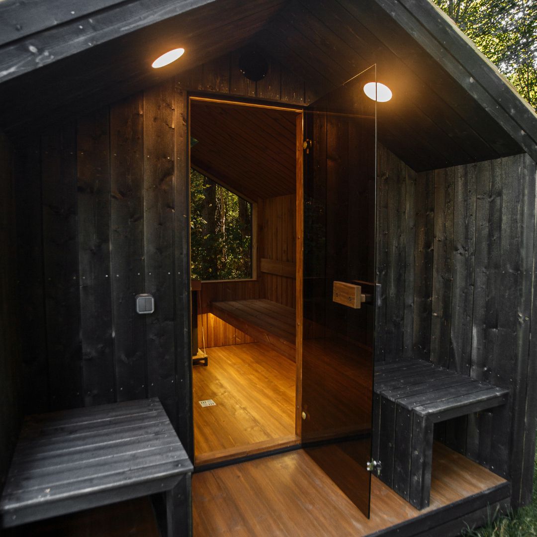 Garden Sauna Origin – 240 × 300 cm with covered terrace and thermally modified wood interior