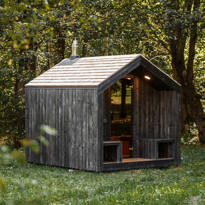 Garden Sauna Origin – 240 × 300 cm with covered terrace and thermally modified wood interior