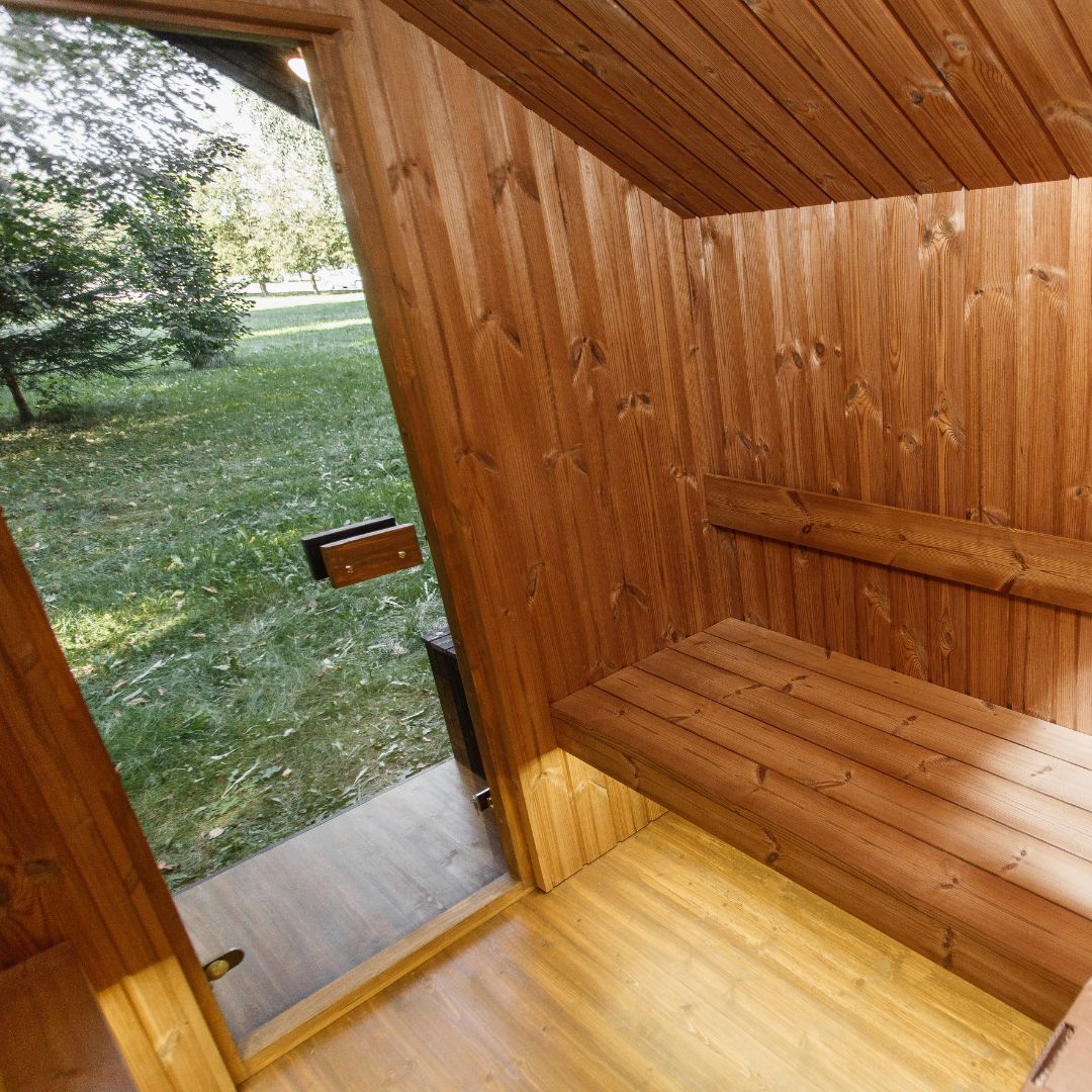 Garden Sauna Origin – 240 × 300 cm with covered terrace and thermally modified wood interior