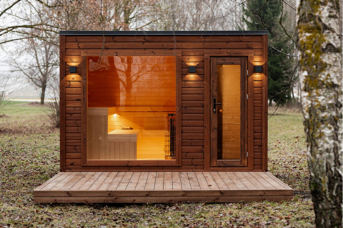 Gartensauna Vitality – 245 × 340 cm mit Vorraum und Panorama-Fenster
