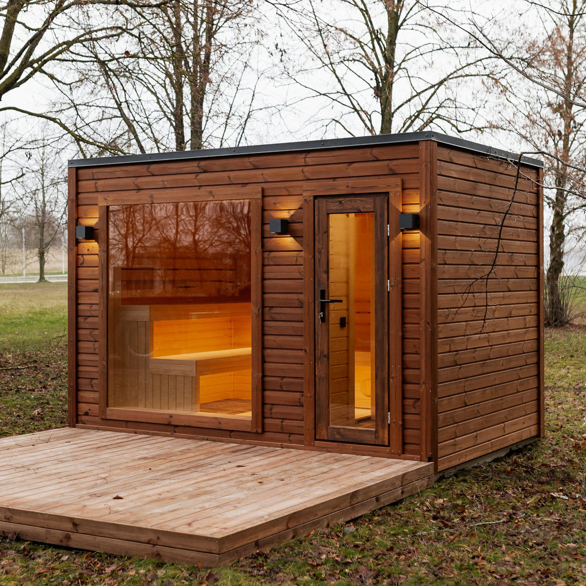 Gartensauna Vitality – 245 × 340 cm mit Vorraum und Panorama-Fenster