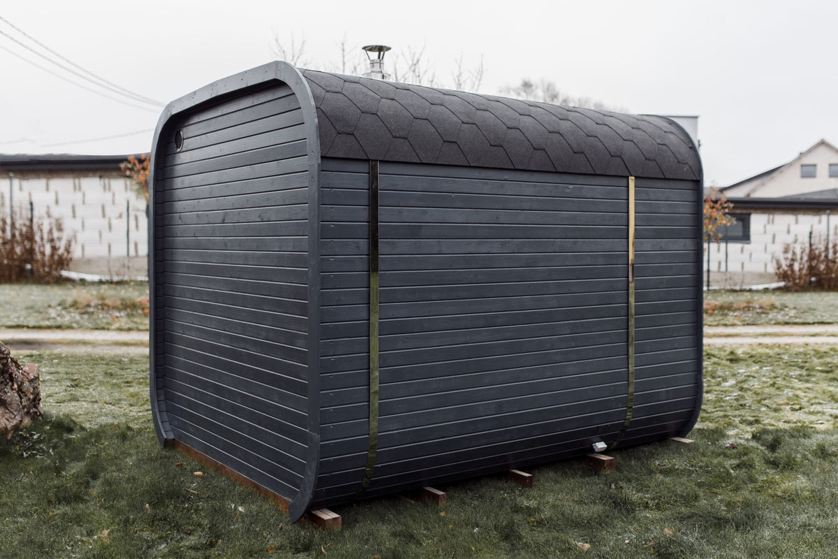 Gartensauna CUBE 3M – 300 × 242 cm mit Terrasse für 4–6 Personen