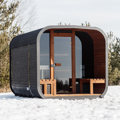 Gartensauna CUBE 3M – 300 × 242 cm mit Terrasse für 4–6 Personen