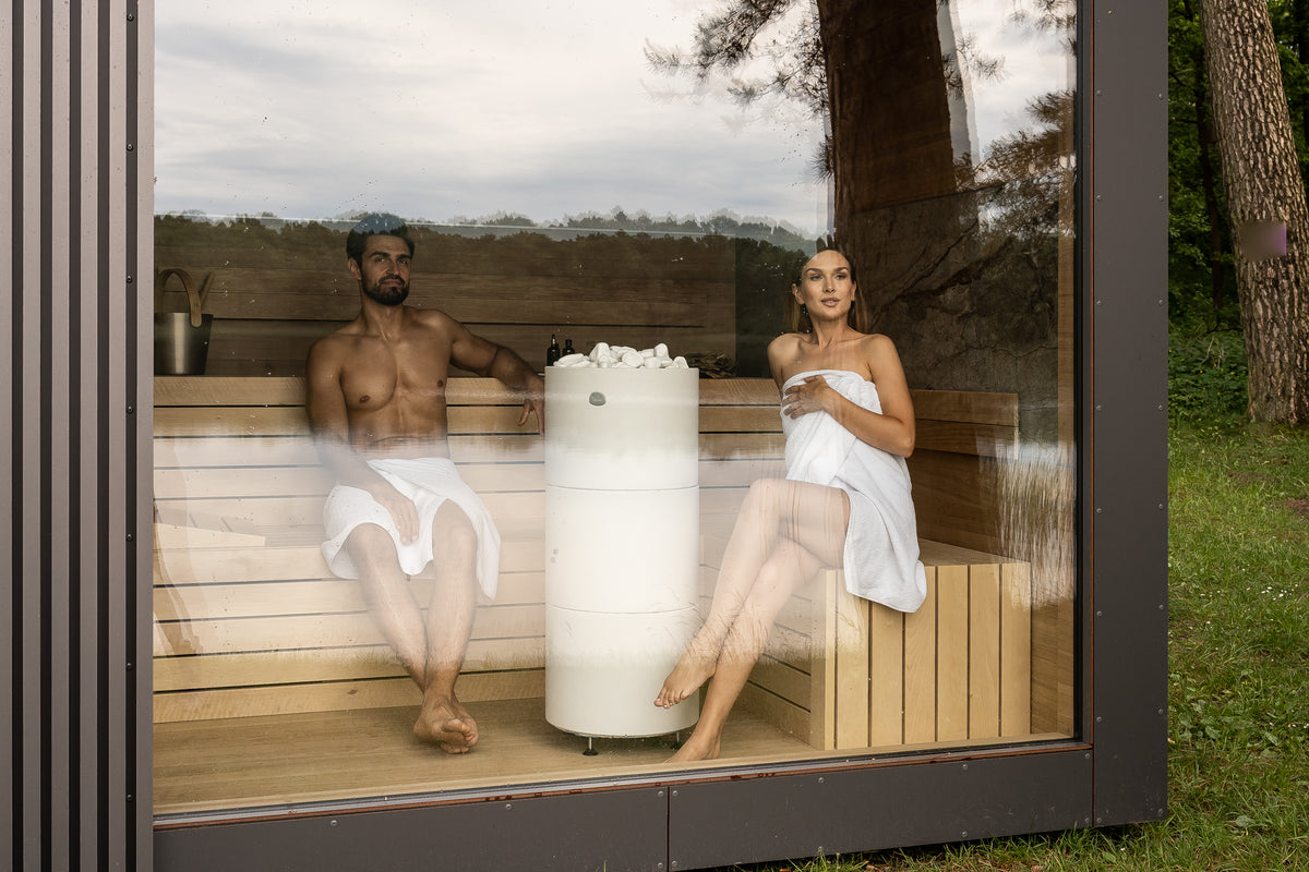 Luxuriöse Gartensauna LINEA – 250 × 350 cm mit Vorraum und Panoramaverglasung
