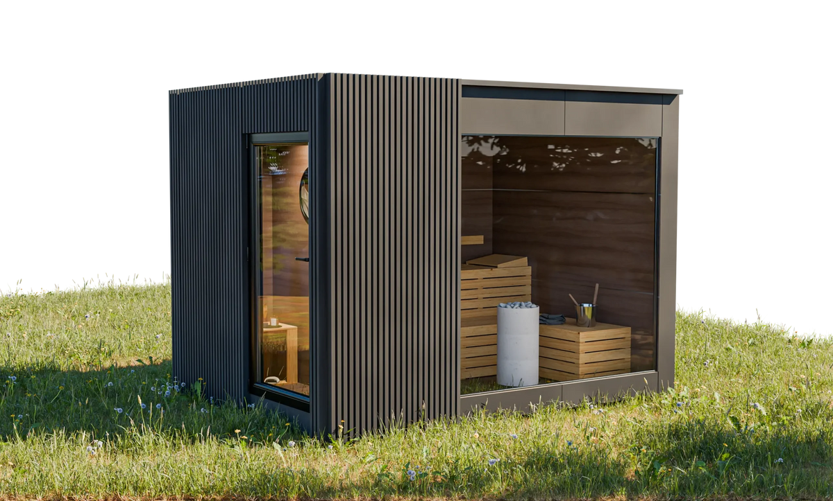Luxuriöse Gartensauna LINEA – 250 × 350 cm mit Vorraum und Panoramaverglasung