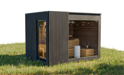 Luxuriöse Gartensauna LINEA – 250 × 350 cm mit Vorraum und Panoramaverglasung