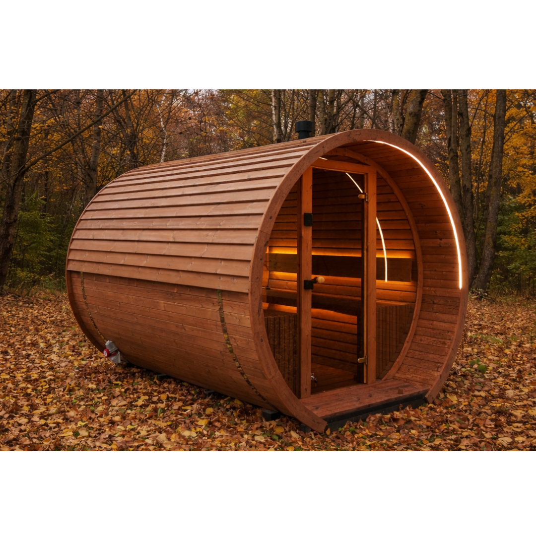 Gartensauna Round 2.6M – 260 × 244 cm aus Thermoholz für 4–6 Personen