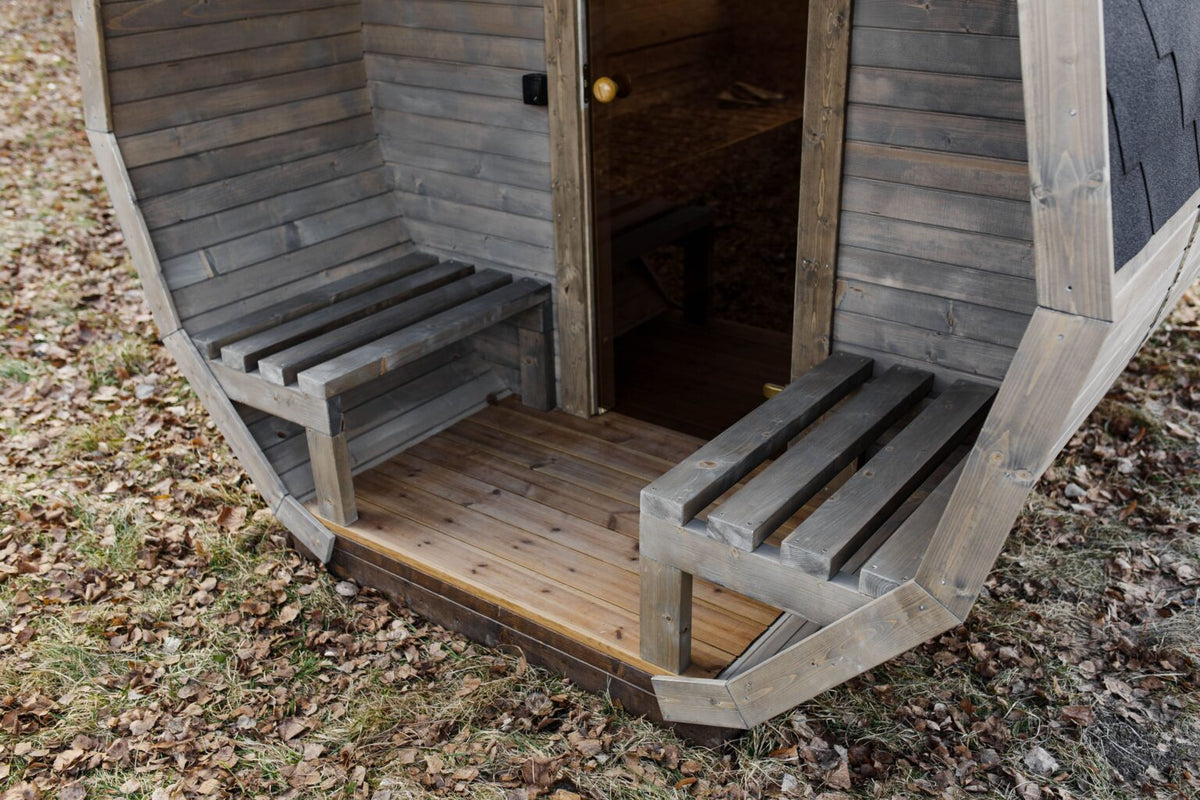 Gartensauna Round 3M – 300 × 244 cm mit Terrasse für 4–6 Personen