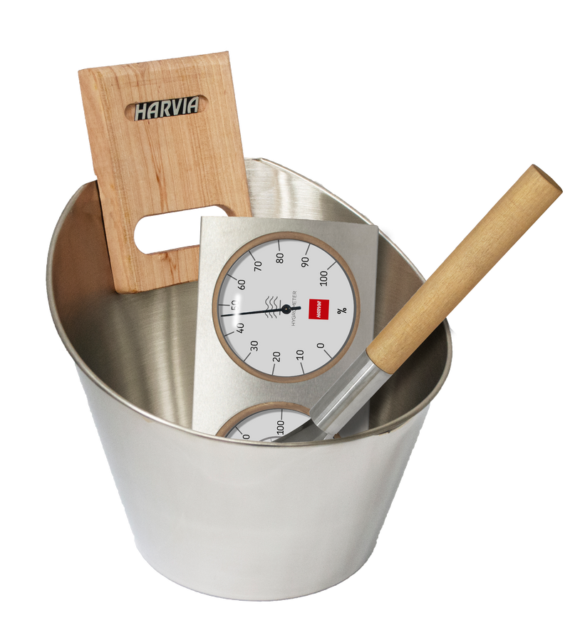 Harvia Saunaset Edelstahl – Kübel, Kelle und Thermo-Hygrometer