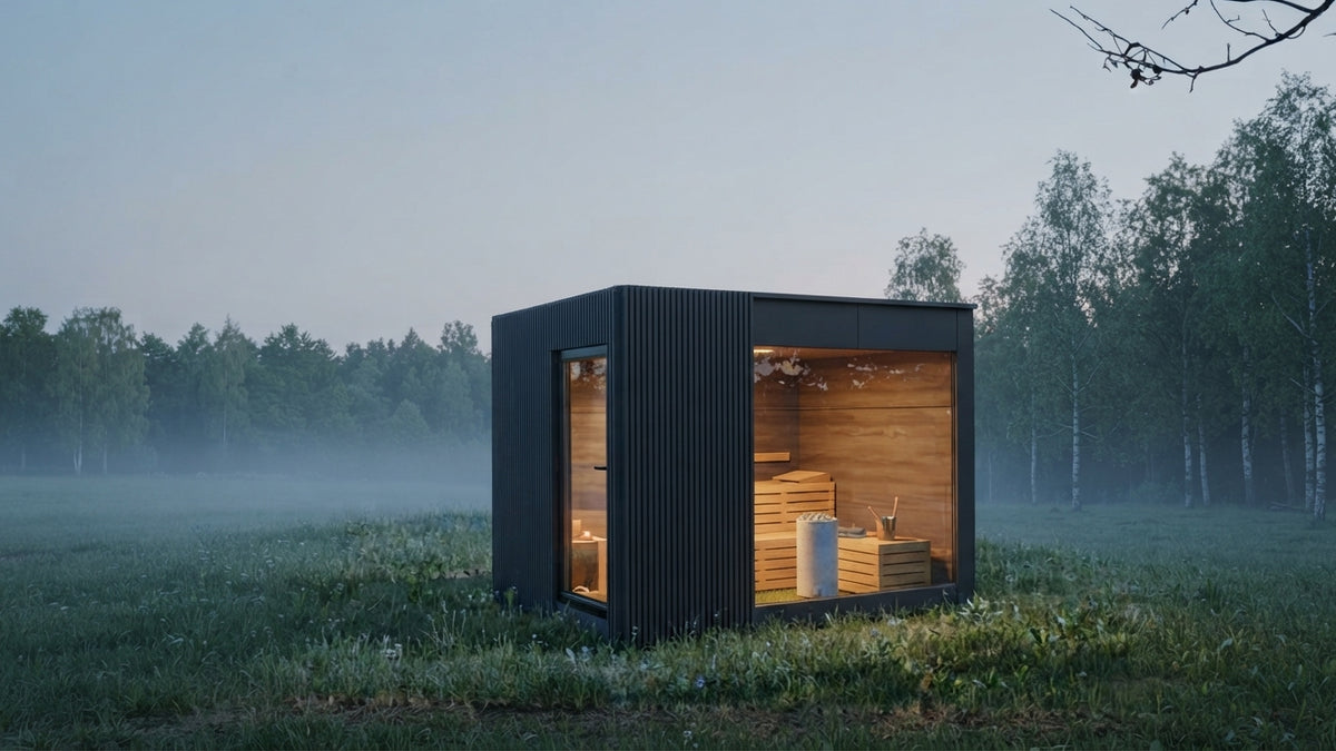 Luxuriöse Gartensauna LINEA – 250 × 350 cm mit Vorraum und Panoramaverglasung